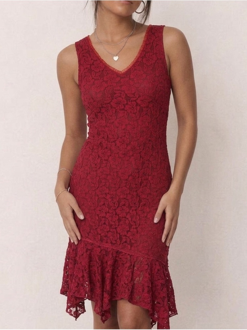 Vintage 90s Red Lace Ruffle Midi Dress With Asymmetrical Hem Size S